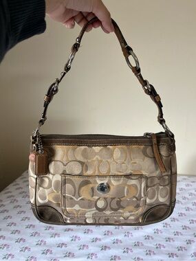 Coach Beige and Brown Signature Jacquard Shoulder Bag
